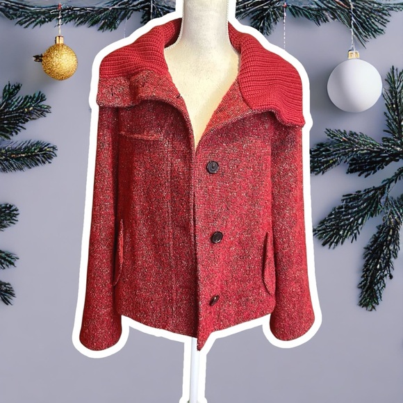 Akris Punto RARE Red Wool & Mohair-Blend Button-Up Coat with Cashmere Knit Trim - Picture 2 of 16